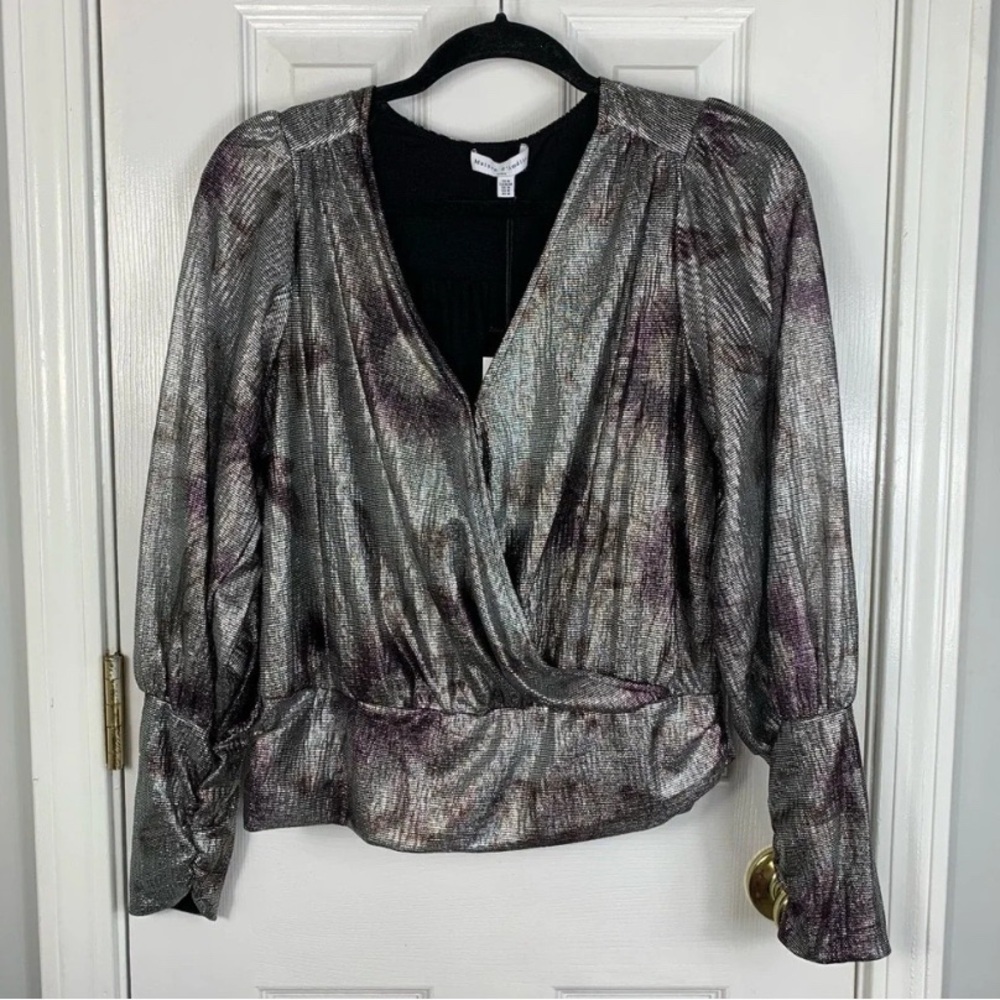 Anthropologie Maison D Amelie Paris Silver Metallic Blouse Size Medium - Picture 2 of 5